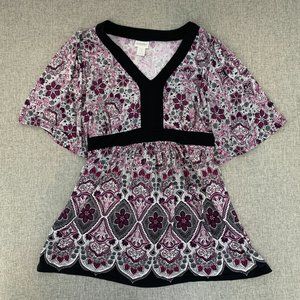 Motherhood Maternity Floral Blouse Tie Back Wide Sleeves Size XL Pink Black